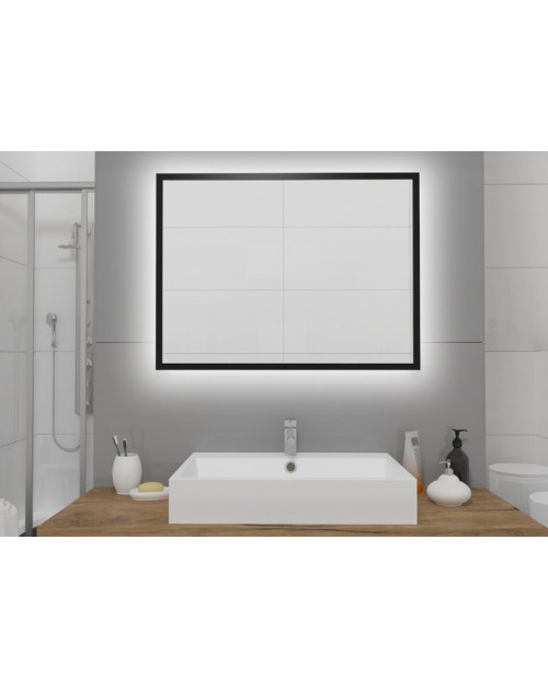 Stačiakampis veidrodis su juodu rėmeliu ir galiniu LED apšvietimu, Keturkampiai veidrodžiai, veidrodžiai Su rėmeliu