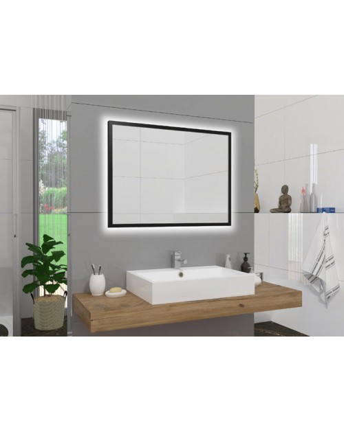 Stačiakampis veidrodis su juodu rėmeliu ir galiniu LED apšvietimu, Keturkampiai veidrodžiai, veidrodžiai Su rėmeliu