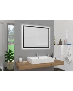 Stačiakampis veidrodis su juodu rėmeliu ir galiniu LED apšvietimu, Keturkampiai veidrodžiai, veidrodžiai Su rėmeliu