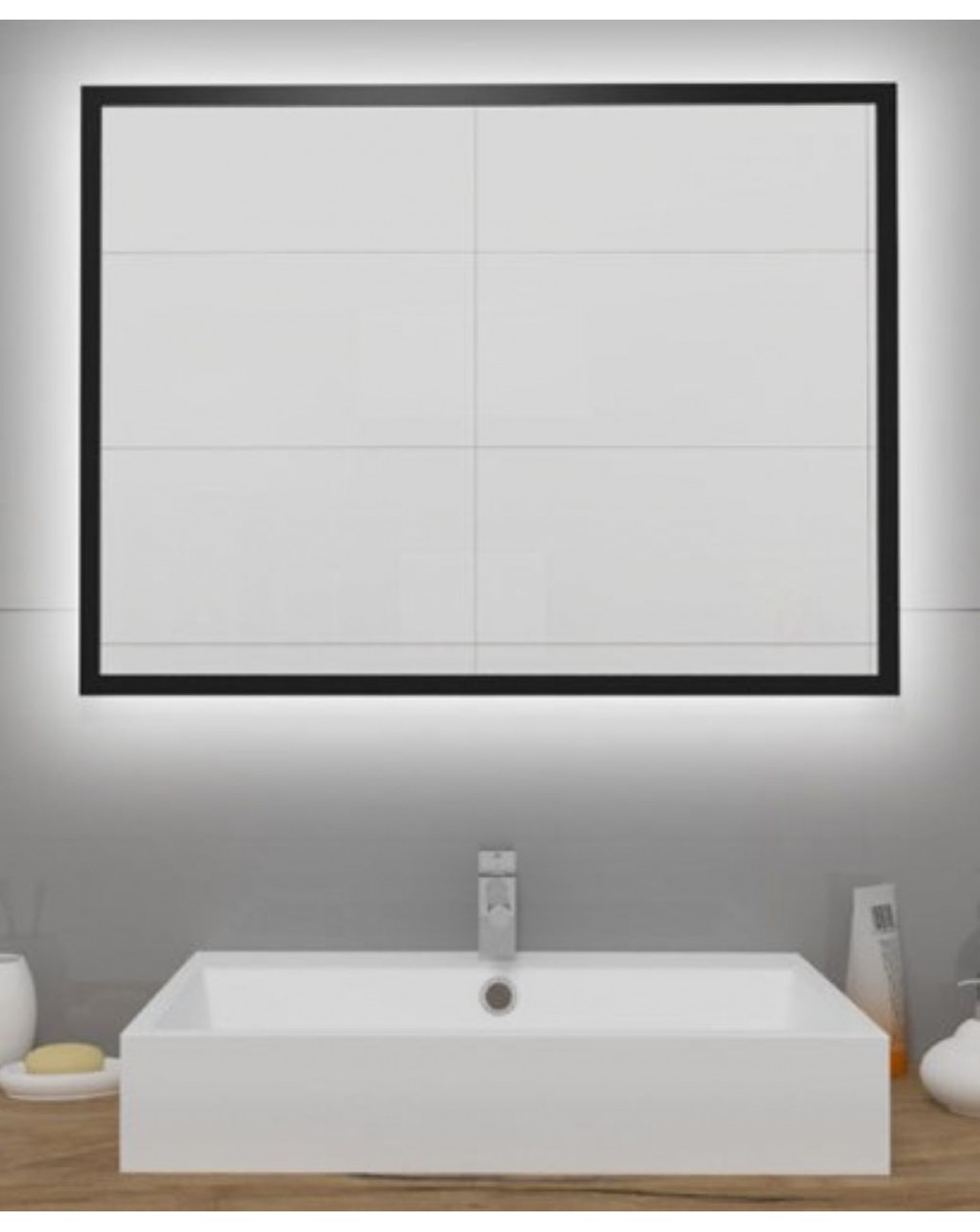 Stačiakampis veidrodis su juodu rėmeliu ir galiniu LED apšvietimu, Keturkampiai veidrodžiai, veidrodžiai Su rėmeliu