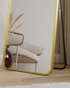 Pastatomas kvadratinis veidrodis auksiniu aliuminio rėmeliu, Interjero veidrodžiai, veidrodžiai Pagrindinis