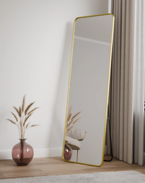 Pastatomas kvadratinis veidrodis auksiniu aliuminio rėmeliu, Interjero veidrodžiai, veidrodžiai Pagrindinis