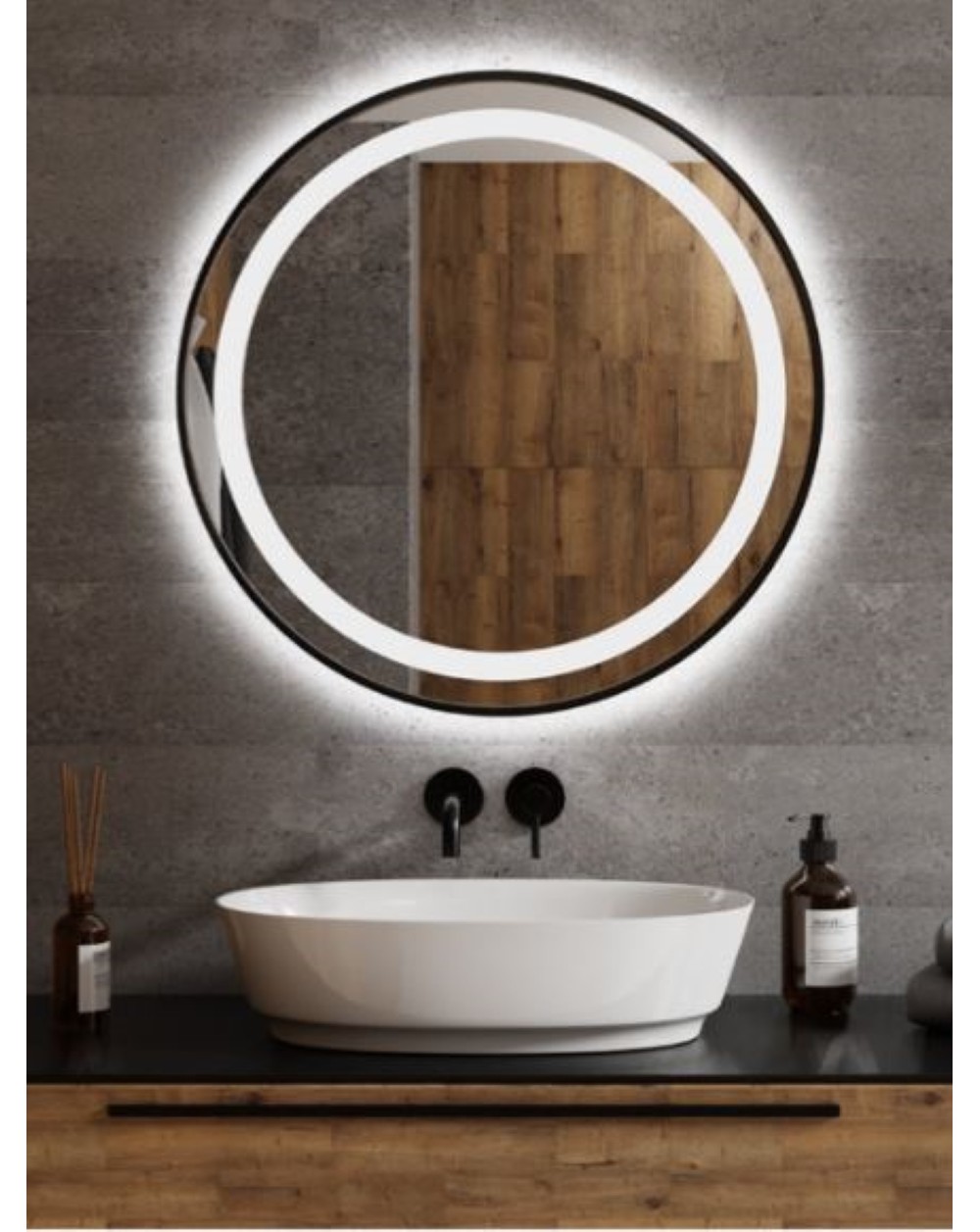 Apvalus LED veidrodis Nemezis su priekiniu ir galiniu apšvietimu, juodu rėmeliu, Apvalūs veidrodžiai, veidrodžiai Su rėmeliu
