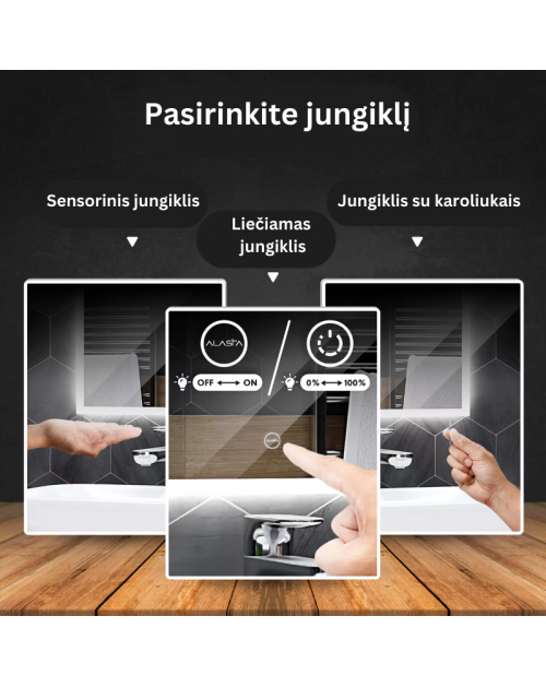 Alasta Osaka veidrodis su LED apšvietimu, įvairių dydžių, Keturkampiai veidrodžiai, veidrodžiai Be rėmelio