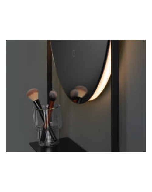 Vanita&Casa Cassiopea apvalus veidrodis su galiniu LED apšvietimu, juodu metaliniu rėmeliu ir lentynėle, Apvalūs