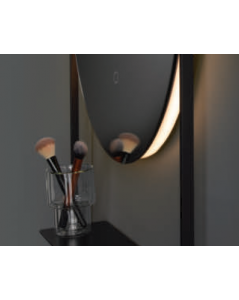 Vanita&Casa Cassiopea apvalus veidrodis su galiniu LED apšvietimu, juodu metaliniu rėmeliu ir lentynėle, Apvalūs